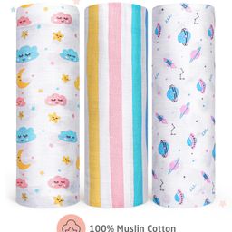 Zoe 100% Cotton Muslin Multipurpose Swaddle Wrap Pack of 3 Solar Print- Multicolour-picture-6