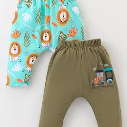 OHMS Single Jersey Knit Full Length Diaper Leggings With Animal & Vehicles Print Pack Of 2 - Light Blue & Olive-image-41