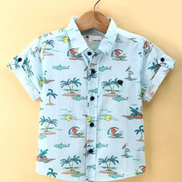Dew Drops Poplin Knitted Half Sleeves Beach Theme Printed Shirt - Aqua Blue-image-45
