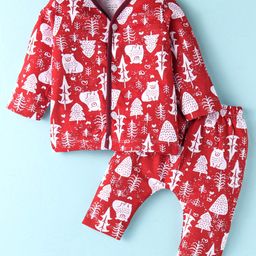OHMS Single Jersey Knit Full Sleeves Night Suit With Jungle Print - Red-image-59