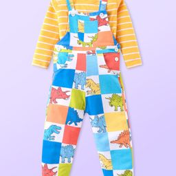 Babyhug Single Jersey Knit Dungaree and Full Sleeves Striped T-Shirt Set Dino Print - Yellow & Blue-image-17