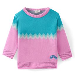 Doodle Poodle Knitted Full Sleeves Pullover Sweater with Colour Block & Jacquard Knit Design - Pink &  Blue-image-49