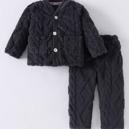 Kookie Kids Full Sleeves Front Open Solid Winter Wear Night Suit - Charcoal Grey-image-99