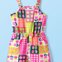 Babyhug Cotton Knit Sleeveless Jumpsuit With Floral & Fruit Print & Bow Applique - Pink-image-69