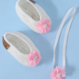 Funkrafts Handmade Crochet Floral Applique Detailed & Beads Embellished Booties & Headband Set - White & Pink-picture-44