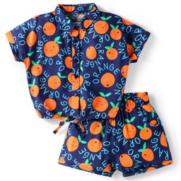 Babyhug Rayon Woven Half Sleeves Co-ords Top & Shorts Set with Orange Print - Navy Blue-image-15