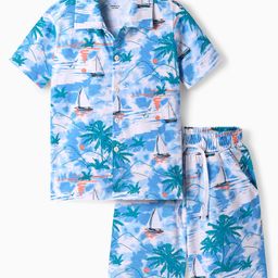 Ollington St. Cotton Knit Half Sleeves Beach Theme Printede Shirt & Shorts Co-Ord Set-Light Blue-image-49