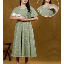 Dummy Shape Half Bell Sleeves Floral Printed Maternity Kurta With Nursing Access - Green-picture-15