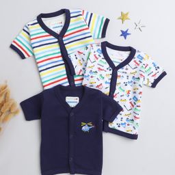 BUMZEE Cotton Knit Half Sleeves Jhablas with Stripes & Cars Print Pack of 3 - Blue-image-11