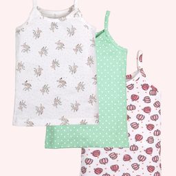 Kiddopanti Cotton Pack Of 3 Sleeveless Floral & Polka Dots Printed Camisoles - White & Green-image-99