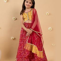 Pspeaches Cotton Sleeveless Bandhani Printed & Lace Embellished Lehenga Choli With Dupatta Set - Yellow & Magenta-image-61