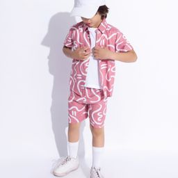 Taffykids Viscose Rayon Half Sleeves Abstract Printed Coordinating Shirt With Attached Tee & Shorts Set - Pink & White-image-83