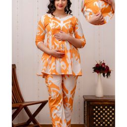CeleBravo Cotton Three Fourth Sleeves Abstract Printed Coordinating Maternity Kurta With Nursing Access & Pant Set - Orange-image-80