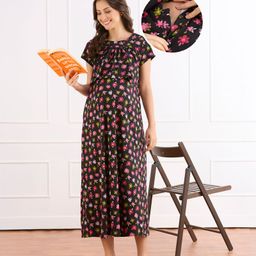 Bella Mama Cotton Knit Half Sleeves Concealed Zipper Floral Printed Nighty - Black-image-13