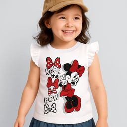 Kookie Kids Disney Single Jersey Knit Frill Sleeves Minnie Mouse Printed T-Shirt - White-image-70
