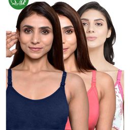 Inner Sense Organic Cotton Knit Pack of 3 Solid & Floral Printed Antimicrobial Maternity Bras With Nursing Access - Multi Colour-picture-13