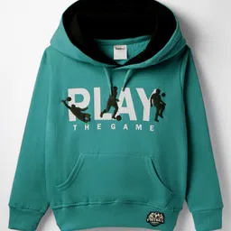 Taeko Full Sleeves Hooded Fleece Sweatshirt with Kangaroo Pocket & Text - Mint-picture-36