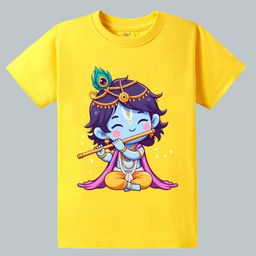 KAVEE Pure Cotton Knit Janmashtami Theme Half Sleeves Cute Krishna Playing Flute Printed Biowashed Tee - Yellow-image-11