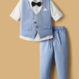 Rikidoos Full Sleeves Striped 3 Piece Party Suit With Bow Set - Light Blue & White-picture-6