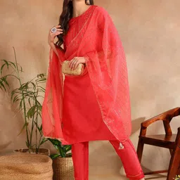KALINI Floral Embroidered Beads and Stones Kurta With Trousers & Dupatta-15