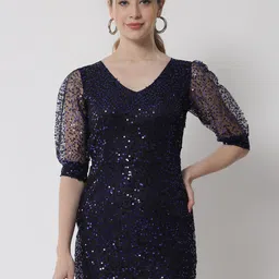 CORSICA Women Embellished Puff Sleeve Net Sheath Mini Dress-image-35