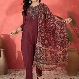 Sangria Floral Embroidered Notch Neck Sequinned Straight Kurta Trousers & Dupatta-picture-50