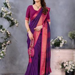 vj fashion Purple Silk Blend Kasavu Sarees-image-34