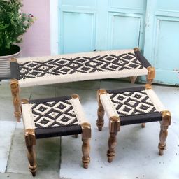 Ikiriya Black & White 3+1+1 Seater Maachi Bench Set with 2 Stools-30