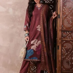 KALINI Floral Printed Thread Work V-Neck Straight Kurta with Trouser And Dupatta-3