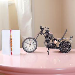 Golden Peacock Stones Studded And Beaded Rakhi With Bike Shaped Table Clock-image-93