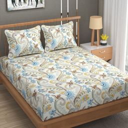 AVI Off White & Blue Floral 180 TC King Bedsheet with 2 Pillow Covers-image-83