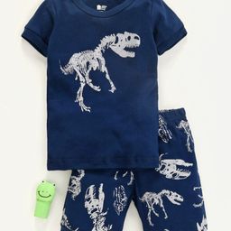 Kookie Kids Half Sleeves Night Suit Dino Print - Dark Blue-image-129