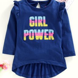 Babyhug Full Sleeves Top Girl Power Sequin Embellishment - Blue-image-28