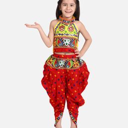 BownBee Peacock Embroidered Halter Neck Sleeveless Choli With Dhoti - Red-image-55