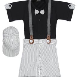 AJ Dezines Half Sleeves Shirt With Bow Tie Suspenders Cap With Striped Shorts - Black-image-45