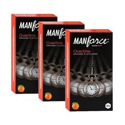 Manforce Set Of 3 Overtime Ribbed Contour Dotted Condoms - Orange Flavoured - 10-Pcs Each-45