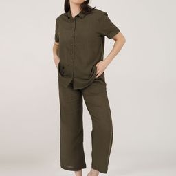 Saltpetre women Olive Button Down Half Sleeve Shirt With Long Leg Pant Co-Ord Set-image-89