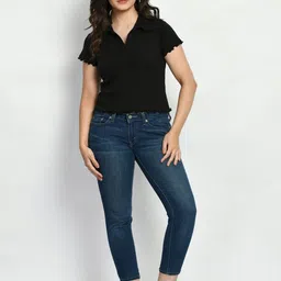 Brainbees Women Cotton Ribbed Shirt Collar Fitted Crop Top-picture-20