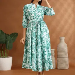 COTTON CULTURE Women Culture Light Green Floral Print Cotton A-Line Midi Dress-picture-56