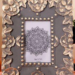 THREADVIBE LIVING Grey & Gold-Toned Textured Wooden Table Photo Frame-8