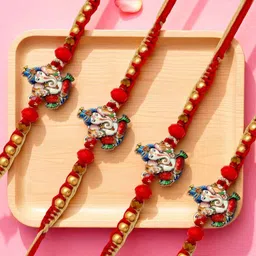 ADIVA Set of 4 Lord Ganesha Beaded Thread Rakhi With Pooja Thali Roli Chawal-image-19