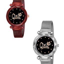 Gopal Shopcart Unisex Pack of 2 Bracelet Style Straps Watch Queen Red Silver Maganet-image-72
