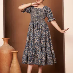 OTABU Floral Printed Puff Sleeve Smocked Fit and Flare Midi Dress-picture-45