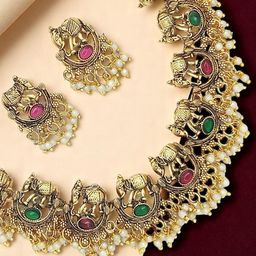 FEMMIBELLA Women Gold-Plated Stone Studded & Beaded Jewellery Set-image-64