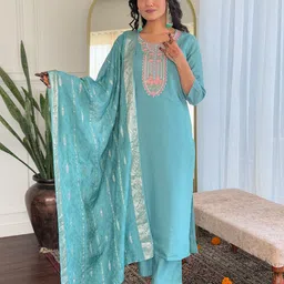 CHANDALIYO Yoke Design Thread Work Chanderi Silk Straight Kurta With Trouser & Dupatta-picture-27