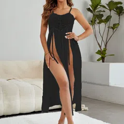 SECRETS BY ZEROKAATA Sheer Self Design Long Nightwear Baby Doll Lingerie-image-73