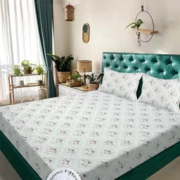 Klotthe Cream Floral 300 TC Cotton Blend Fitted Double Bedsheet in Book Fold Packing-image-32
