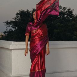 HUTS AND LOOMS Navya I Red And Purple Handloom Tissue Saree-image-40