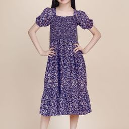 YK Crepe Girls Blue Printed Crepe Fit & Flare Midi Dress-picture-9