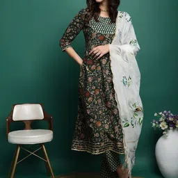 BANDIA Women Floral Printed Panelled Mirror Work Pure Cotton Kurta with Trousers & Dupatta-picture-46